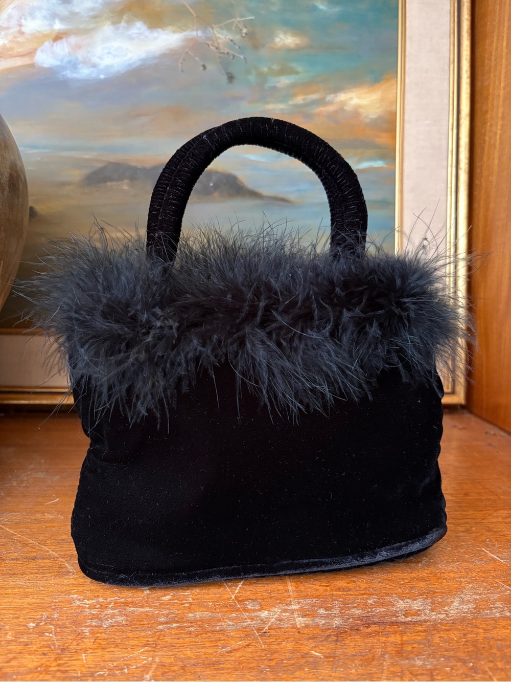 Y2K Whimsigoth Vintage GAP Black Velvet Feather Trim Mini Top Handle Purse